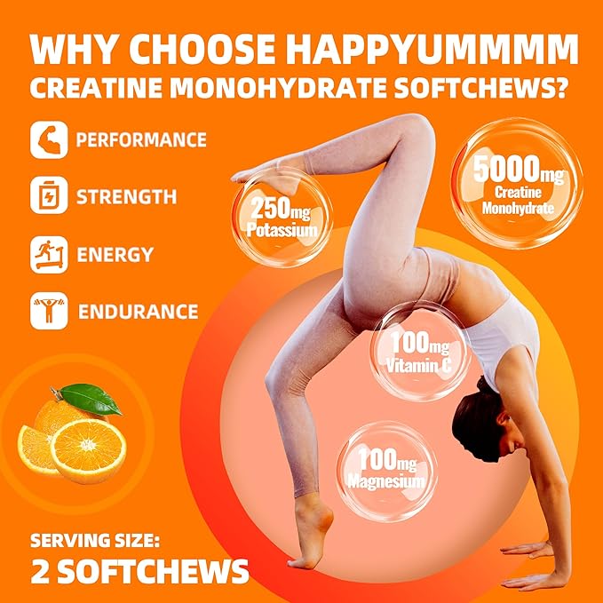 Creatine Monohydrate Soft Chews 5g for Men & Women, Preworkout Gummy with Electrolyte for Muscle Growth, Strength & Energy Support, Orange 60 pcs