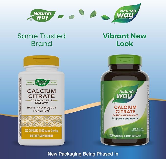 Nature's Way Calcium Citrate, 500 mg Calcium per 2-Capsule Serving, for Bone Health & Muscle Function*, Blend of Citrate, Carbonate & Malate, Gluten Free, 250 Capsules (Packaging May Vary)