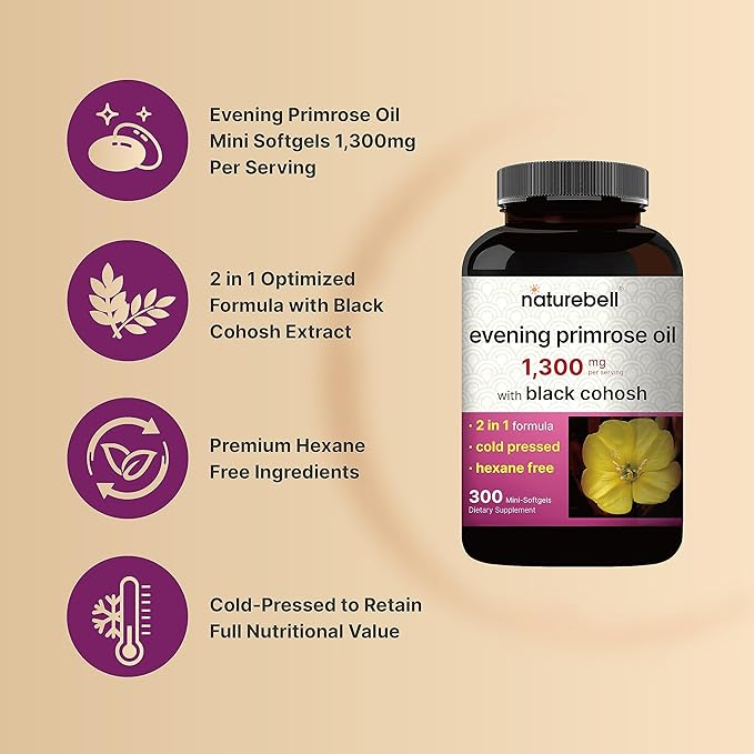 NatureBell Evening Primrose Oil with Black Cohosh, 1,300mg Per Serving, 300 Mini-Softgels | Cold Pressed Seeds, Retains 130mg GLA for Womens Health & Skin Care Support – Hexane Free, Non-GMO