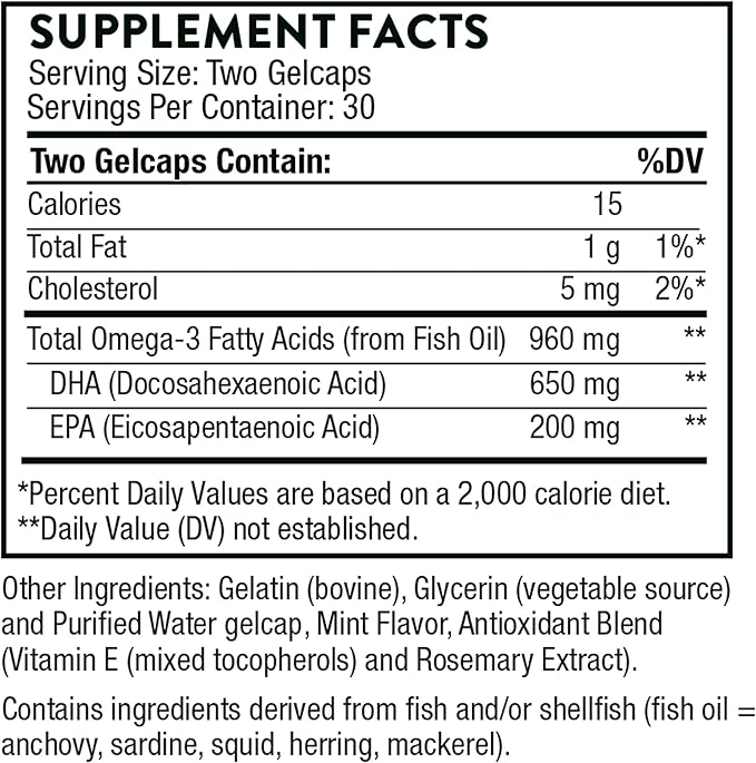 THORNE Prenatal DHA - 650 mg DHA and 200 mg of EPA - Supports Baby’s Brain and Nervous System Development from Pregnancy to Nursing* - 60 Capsules