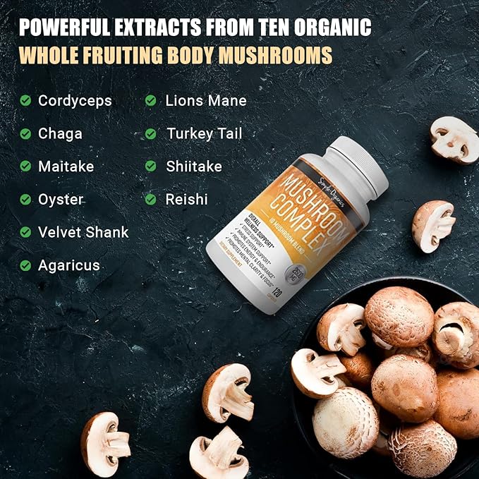 Mushroom Complex, 10 Mushroom Blend for Energy and Immune Support, 2600mg per Serving, 120 Vegan Capsules