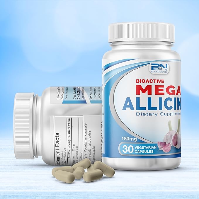 100% Pure Stabilized Allicin from Garlic, Odor-Controlled by Mega Allicin | 180,000mcg (180mg) Vegetarian (vCAPS) Non-GMO, Gluten-Free | Derived from Allium Sativum (30 Count)