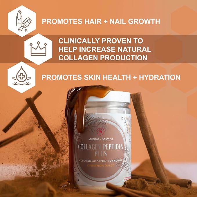 Strong + Sexy Fit Collagen Peptides Plus Powder with Hyaluronic Acid and Vitamin C, Women's Hair, Skin, Nails and Joint Support Supplement, Grass Fed Bovine Collagen, Cinnamon Dulce, 20 - 40 Svg