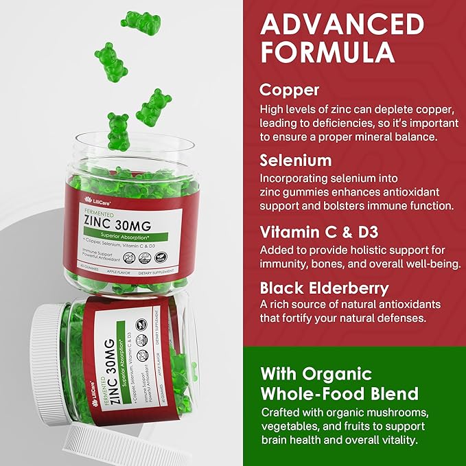 Zinc Gummies + Copper, Selenium, Vitamin C & D3, Fermented Zinc Supplements for Women and Men with Elderberry for Daily Immune Support, Powerful Antioxidant, High Absorption, Vegan, Sugar Free, 60 Cts