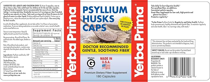 Yerba Prima Psyllium Husks Caps Dietary Fiber 625 mg, 180 Capsules - Colon Cleansing Supplement - Gut Health - Non-GMO Gluten Free