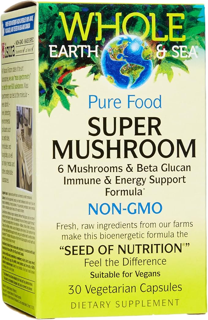 Natural Factors Whole Earth & Sea, Super Mushroom, Whole Food Supplement, Vegan, 30 Vegetarian Capsules