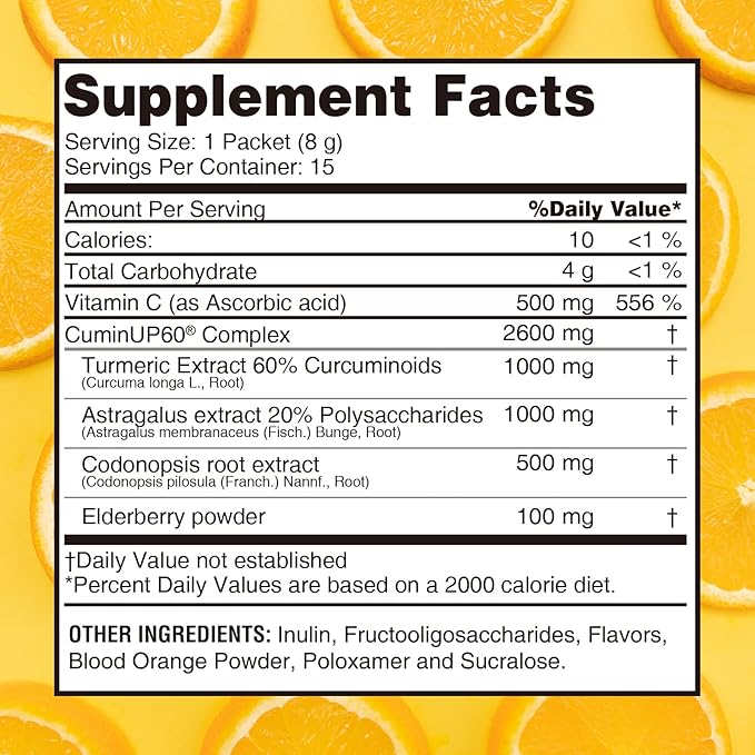 Turmeric Curcumin Drink Powder, Vitamin C Wellness Immunity Shots, Orange Citrus Flavor Instant Drink Mix Packets, High Absorption Curcumin Complex, Joint Health Supplement