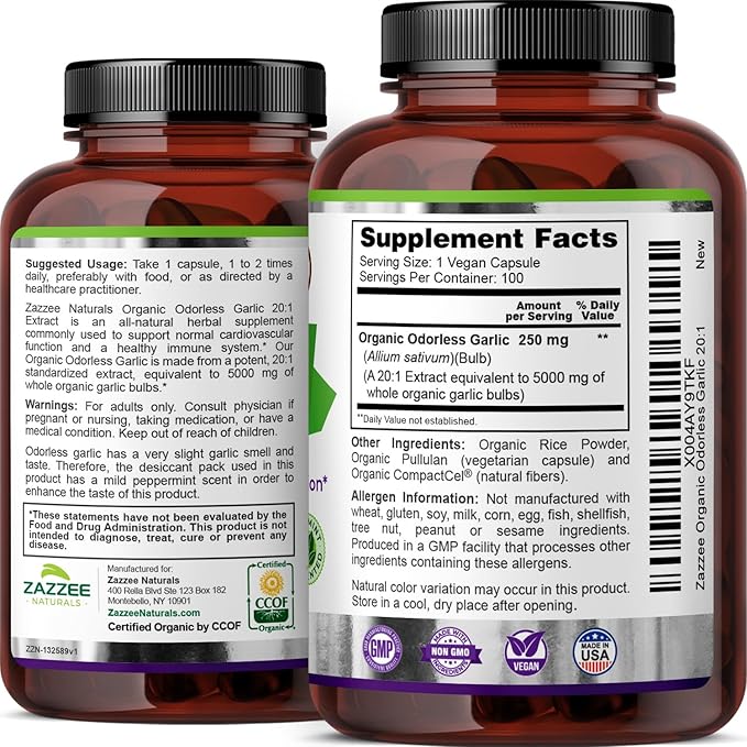 Zazzee USDA Organic Odorless Garlic 20:1 Extract, 5000 mg Strength, 100 Vegan Capsules, 3+ Month Supply, Standardized, Concentrated 20X Extract, 100% Vegetarian, All-Natural, Non-GMO, Made in The USA