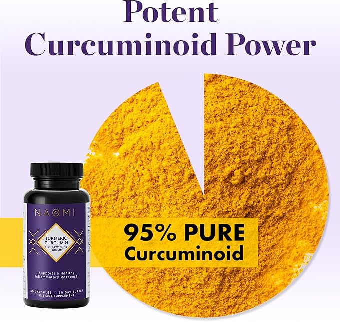 NAOMI Turmeric Curcumin High-Potency 1,200 mg, 95% Curcuminoids & BioPerine Black Pepper Extract to Boost Absorption up to 2000%, Extra-Strength Joint, Muscle, Brain Support, 60 Caps, 30-Day Supply