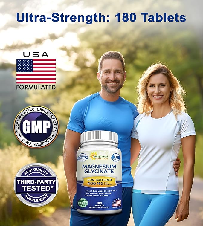 aSquared Nutrition Magnesium Glycinate 400mg - 180 Tablets - Max Strength Magnesium Bisglycinate Supplement -Maximum Bioavailability & Absorption-Non-GMO -Not Buffered-Supports Muscles, Bones & Heart