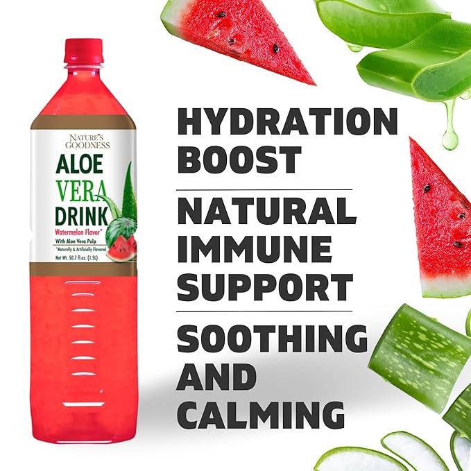Nature's Goodness Aloe Vera Drink with Pulp Watermelon Flavor -12 Pack Case - 50.7 Fl Oz (1.5 L) Each - Total 18 Liters - Refreshing Beverage with Real Aloe Vera Juice