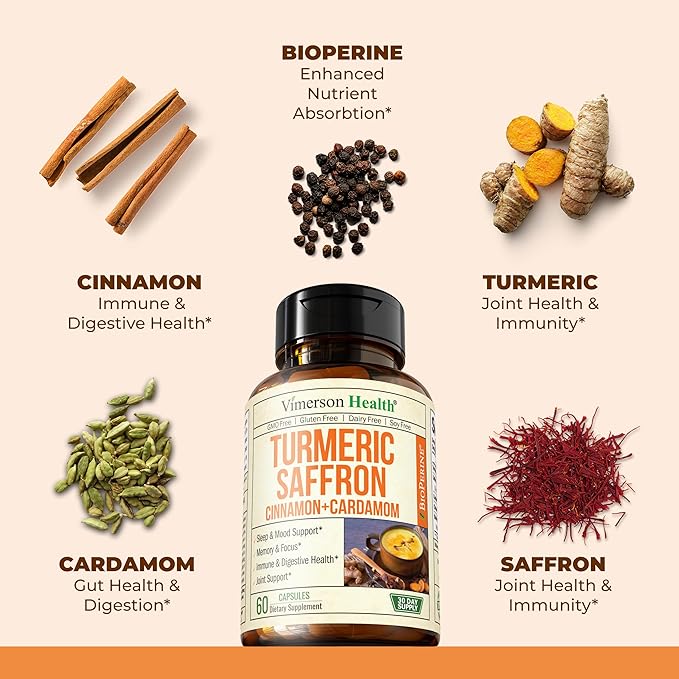 Saffron Supplements - Turmeric Curcumin Supplement with Black Pepper, Saffron Extract, Cardamom and Cinnamon Pills for Mood, Memory, Eye Health. Joint Supplements for Women & Men. 120 Capsules 2 Pack
