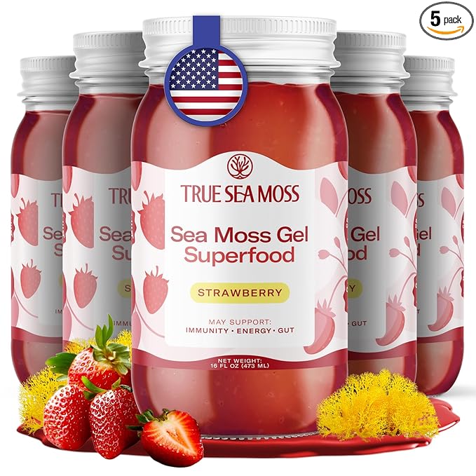 TrueSeaMoss Sea Moss Gel – Made in USA – Wildcrafted Seamoss, Fresh Fruits & Sea Vegetables – Strawberry, Pack of 5 (Labels may Vary)