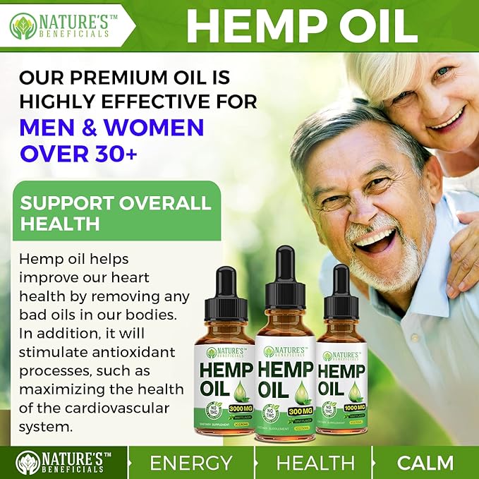 Nature's Beneficials Organic Hemp Oil Extract Drops, 2000mg - Omega Fatty Acids 3 6 9, Non-GMO Ultra-Pure CO2 Extracted, 2 oz