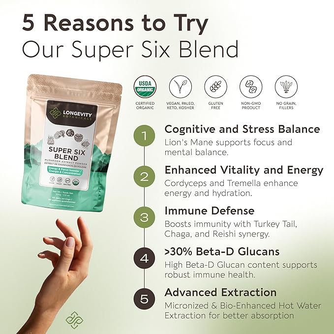 Longevity Botanicals Super Six Organic Mushroom Blend 100g | Reishi, Lion’s Mane, Chaga, Cordyceps, Tremella & Turkey Tail | Extract Powder Mix | 10:1 Ratio | 100% Fruiting Bodies | Mushroom Complex