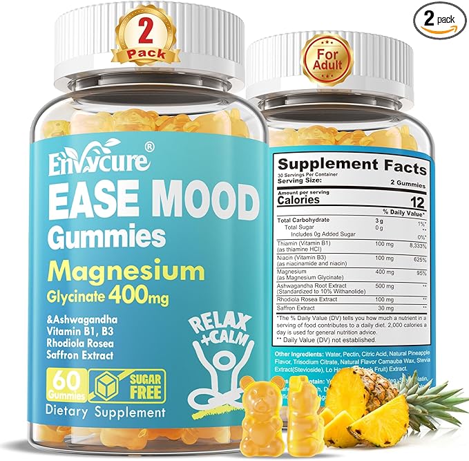 Sugar Free Magnesium Glycinate Gummies 400mg with Ashwagandha, B1, B3, Rhodiola Rosea & Saffron for Support Rest, Mood & Calm Magnesium Gummies for Adults, Chewable Magnesium Supplement, Vegan, 120Ct