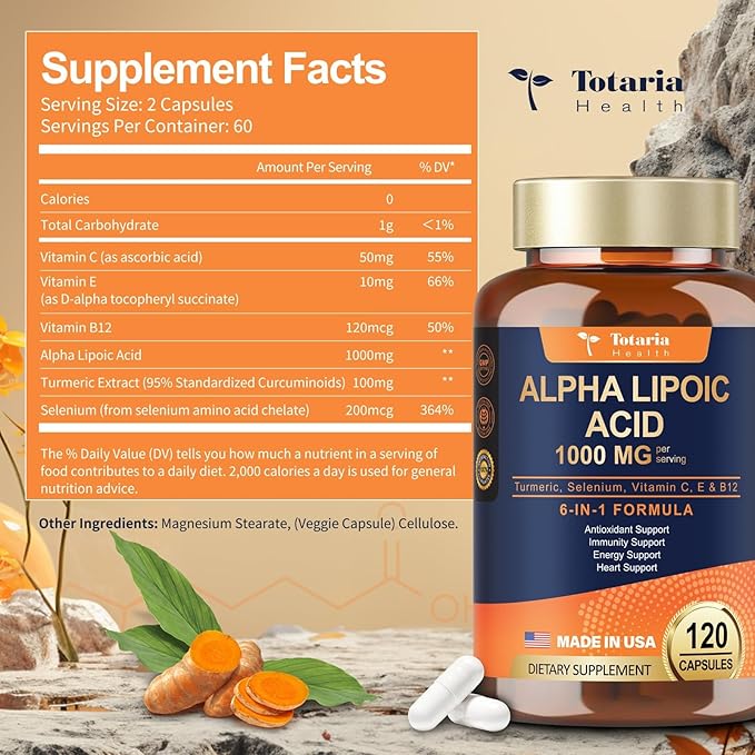 2 Packs Alpha Lipoic Acid 1000mg Antioxidant Supplement Capsules for Neuropathy Support Supplement Nerve Health, Liver Detox, Antioxidant, Metabolism and Cell Energy, Anti-Aging - Non-GMO, Gluten Free