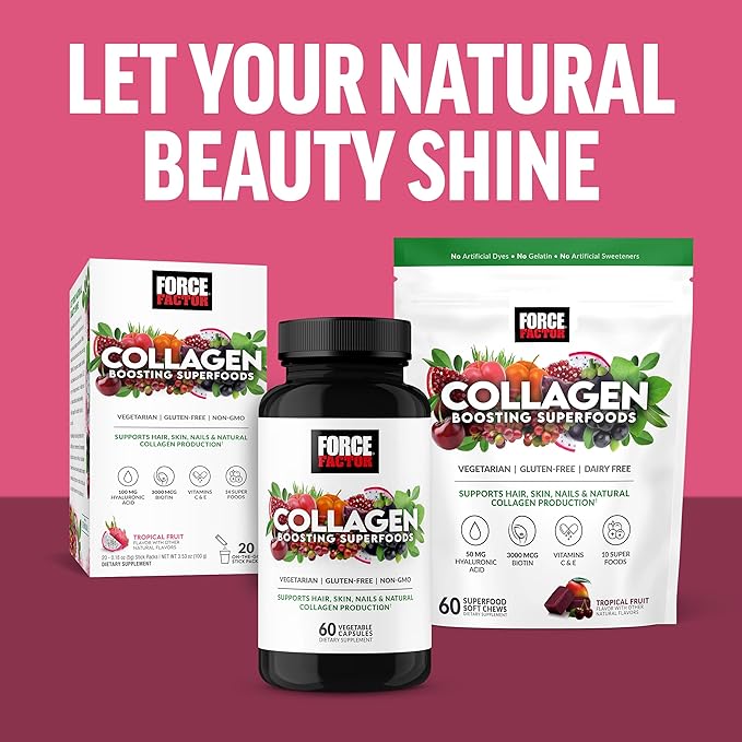 Force Factor Collagen Boosting Superfoods, Vegan Collagen Booster with Hyaluronic Acid, Biotin, Bamboo, Amino Acids & Vitamins for Hair, Skin, and Nails, Strengthener and Skin Supplement, 60 Capsules