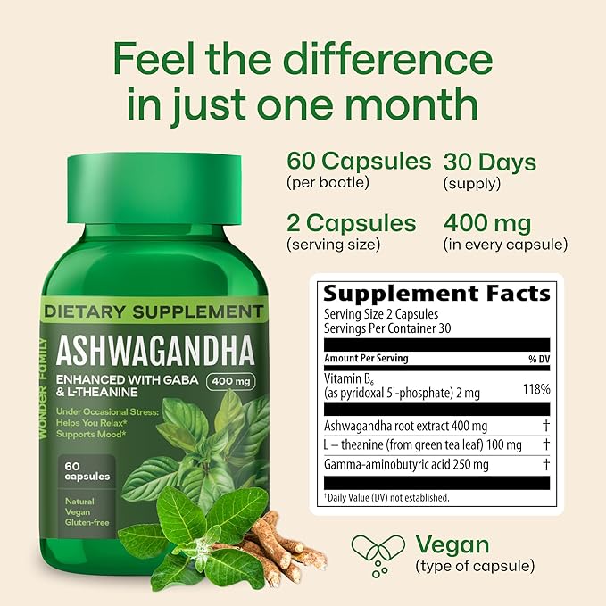 Ashwagandha, GABA, L-Theanine Supplement Complex – Ashwagandha Supplements for Sleep, Mood, Bodily Comfort – Ashwa 400mg, L Theanine 100 mg, 2.5X GABA 100mg – 60 Capsules