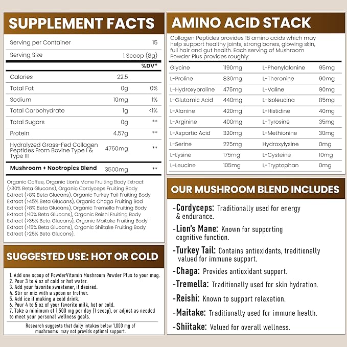 Organic Mushroom Coffee Certified Mold & Mycotoxin Free GrassFed Collagen Types I & III 8 Fruiting Body Mushrooms Tested for BetaGlucans Focus Energy Digestion & Immunity 15 Servings