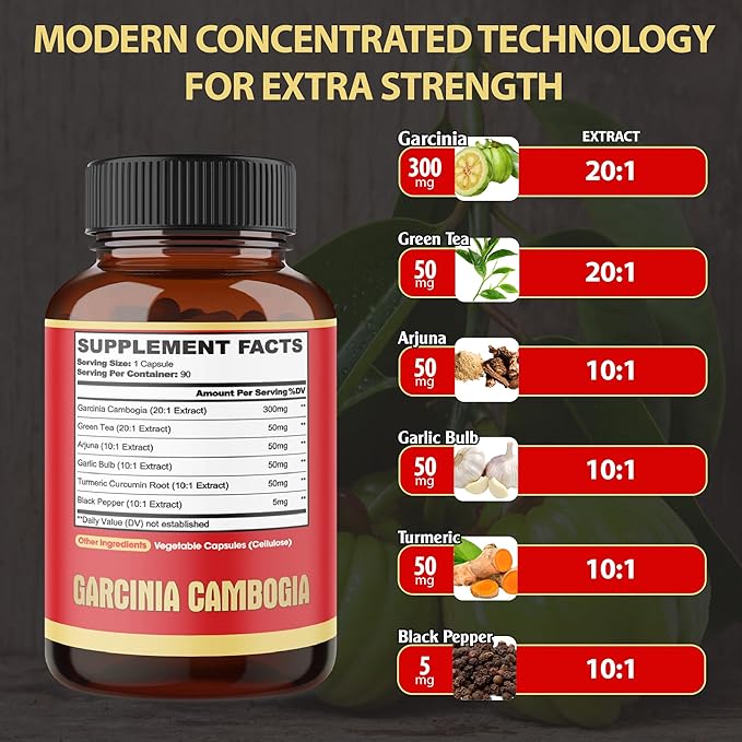 Pure Garcinia Cambogia Capsules - 6in1 with Green Tea, Arjuna, Garlic Bulb, Turmeric & Black Pepper - 90 Counts