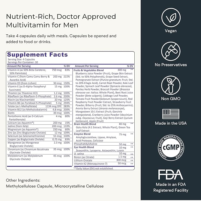 Whole Food Multivitamin for Men (120 Vegetarian Capsules) Men’s Multi Vitamin and Mineral Supplement with Calcium, Magnesium, Selenium, Vitamins A, B6, C, D3, E and More