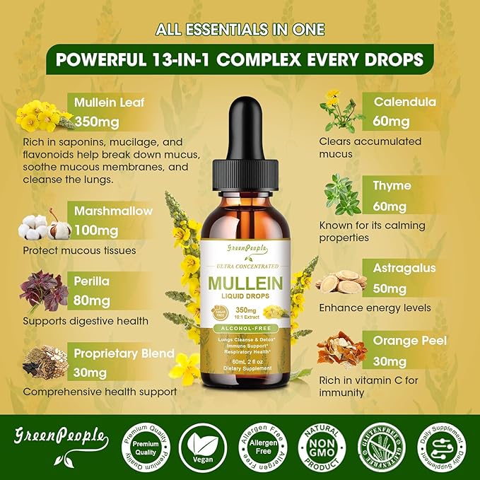 2 Pack Mullein Leaf Drops for Lungs - Mullein Leaf Extract & Marshmallow Root for Lung Cleanse & Detox - Mullein Tincture for Respiratory & Immune Support Herbal Supplement, 2 fl oz