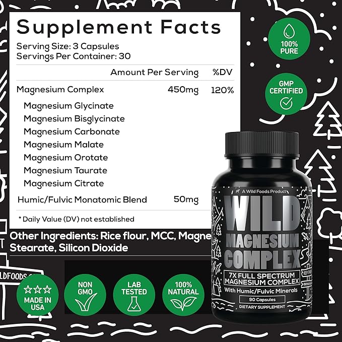 Wild Foods Magnesium Complex Supplement with 7X Forms | High Absorption, Full Spectrum, Easy Digestion | 500mg Glycinate, Bisglycinate, Malate, Orotate, Citrate, Taurate | 90 Capsule (Pack of 2)