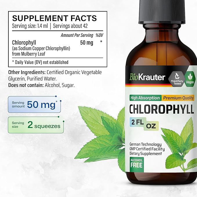 BIO KRAUTER Liquid Chlorophyll Drops - Cleanse & Immune Support - Internal Deodorant - Sodium Copper Chlorophyllin Extract Supplement - 2 fl oz