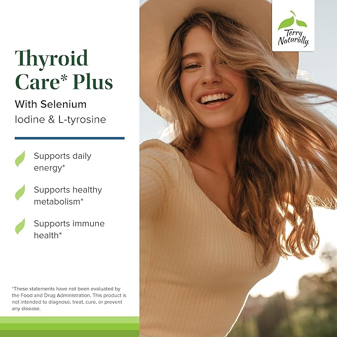 Terry Naturally Thyroid Care Plus - Supplement to Aid Thyroid - Dietary Supplement for Energy & Healthy Hair Support - Supplement with L-Tyrosine & Selenium - 60 Capsules