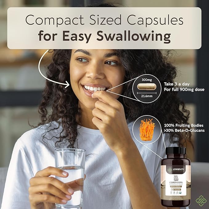 Longevity Botanicals Organic Cordyceps Mushroom Extract Capsules (120) | Concentrated 10:1 Ratio | 100% Fruiting Bodies | Cordyceps Militaris Natural Supplement for Respiratory & Performance Support