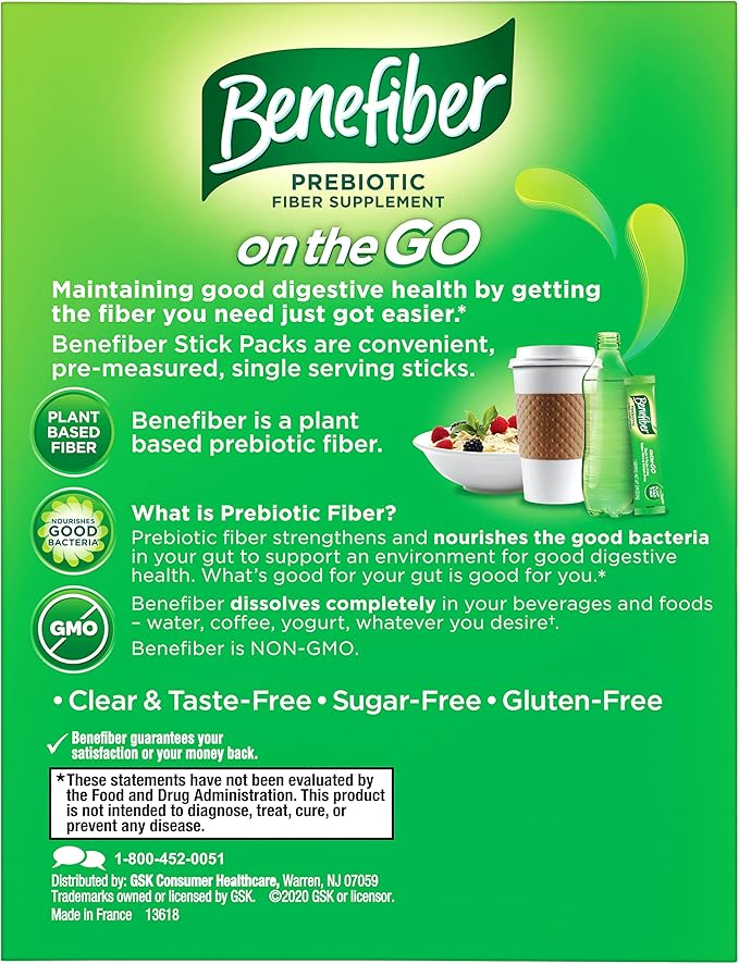 Benefiber On The Go Prebiotic Fiber Supplement Powder for Digestive Health, Daily Powder, Unflavored Stick Packs - 36 Sticks (Pack of 2)
