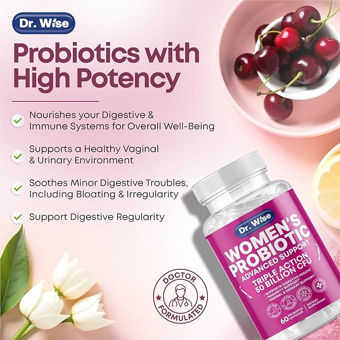 Dr. Wise Women’s Probiotic – 50 Billion CFUs – Digestive, Urinary & Vaginal Health Support – Immune Boost – Triple Action Formula – 60 Capsules – Made in USA