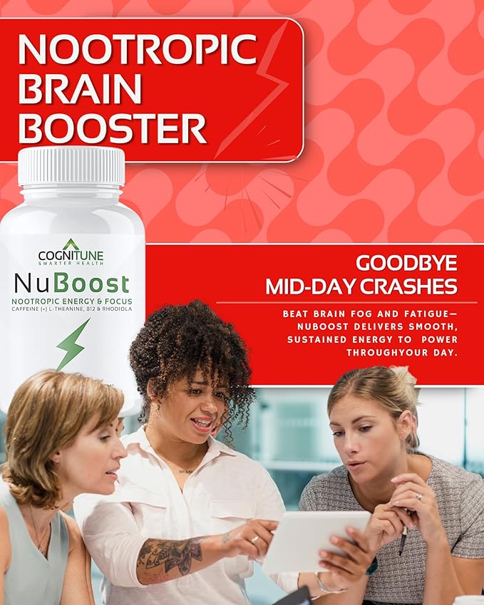 CogniTune NuBoost Energy & Focus Brain Supplement, Caffeine L-Theanine, Vitamin B12, Rhodiola + BioPerine, No Crash, Jitter Free 100mg Caffeine Pills, Clean Nootropic Brain Booster, 60 Ct