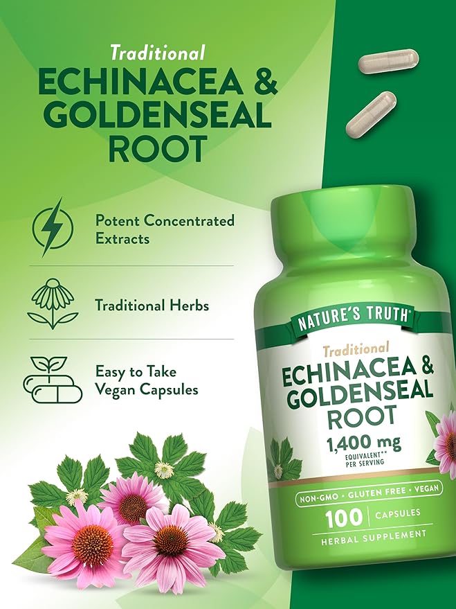 Nature's Truth Echinacea Goldenseal Capsules | 1400mg | 100 Count | Vegan, Non-GMO & Gluten Free Supplement | Herbal Support Complex
