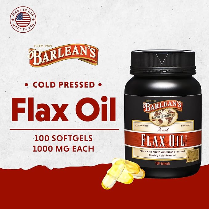 Barlean's Flaxseed Oil Softgels, Cold-Pressed Flax Seed Supplement with 1,650 mg ALA Omega-3 Fatty Acids, 1000mg, 100 ct