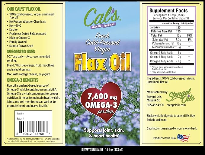 Cal's Flax Oil, Cold-Pressed Flaxseed, High in Omega-3 Fatty Acid, Unrefined Flaxseed Oil, Essential Flaxseed Oil Liquid Supplement for Joint, Skin, and Heart Health Support - 16 oz