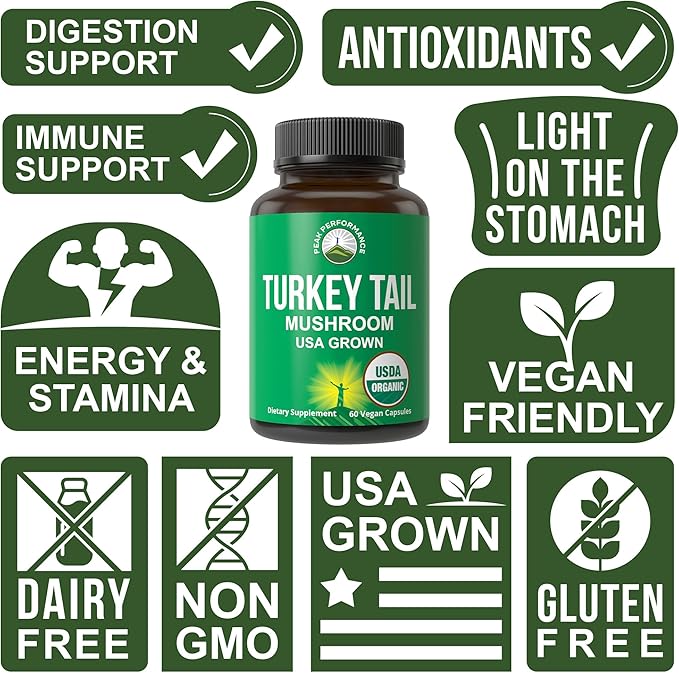 Peak Performance Organic Turkey Tail Capsules - USA Grown Made with Real Turkey Tail Mushroom. Immune System Support Naturally Harvested Mushroom Supplements for Immunity. Vegan Supplement Extract