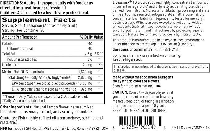 Klaire Labs Eicosamax TG Fish Oil - Ultra Pure Omega-3 Fish Oil Pills with EPA/DHA - Sustainably Sourced - Natural Lemon Flavor for No Fishy Burps or Aftertaste (30 Servings / 5 fl oz)