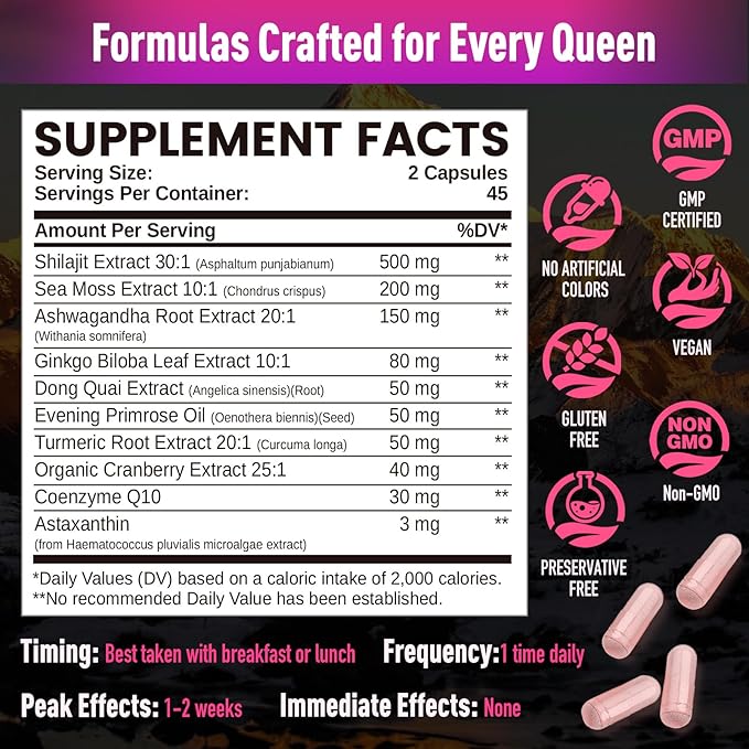 Shilajit for Women, Pure Himalayan Shilajit with Ashwagandha, Sea Moss, Coenzyme Q10, Energy & Immune Support, Anti-Aging & Wellness Support, Vegan, 90 Count, Natural Trace Minerals & Fulvic Acid