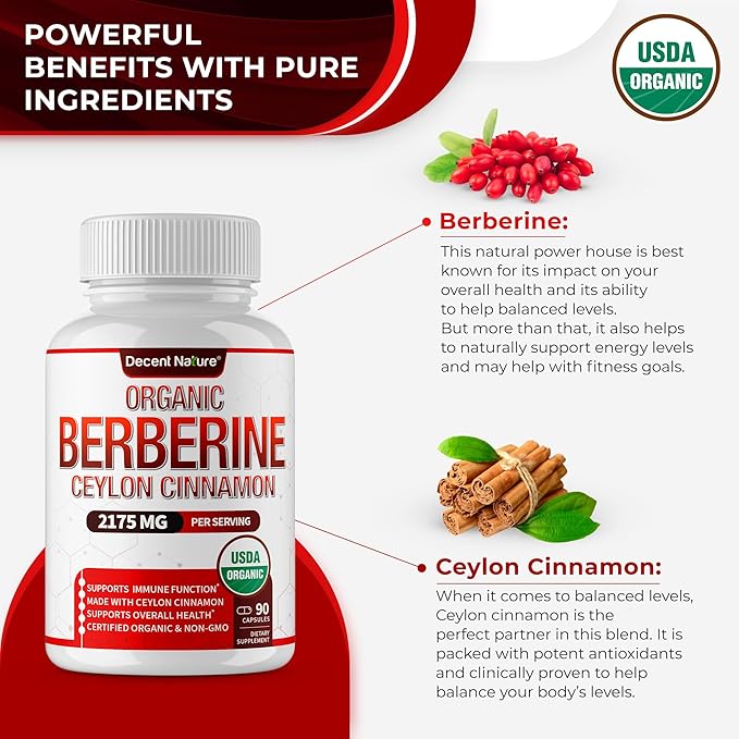 Organic Berberine with Ceylon Cinnamon 2175mg - Premium berberine supplement high purity extract USDA Organic, support immune system, Berberine Plus Complex, Non-GMO Vegan for Men Women 90 Capsules