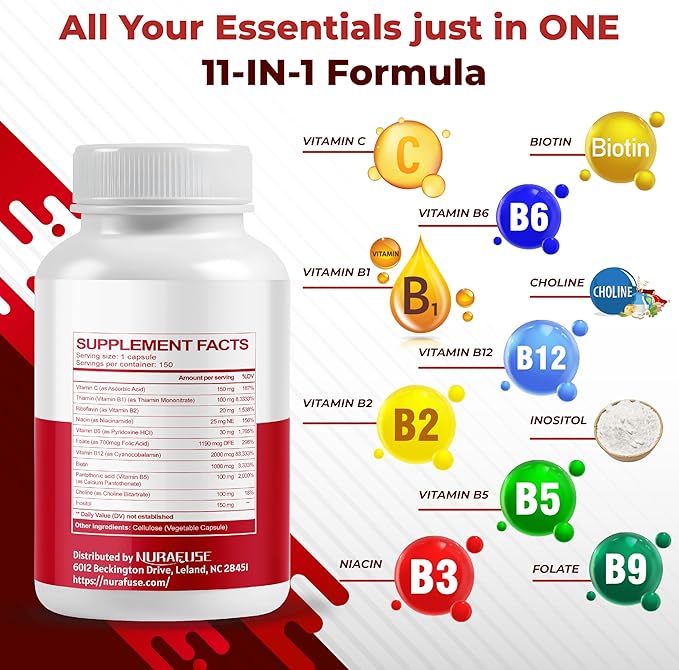 Vitamin B Complex Vitamin B1, B2, 6,9,12 Niacin, with Vitamin C - Support Brain Health, Energy Levels, Skin, Hair, and Nails - Made and Tested in The USA