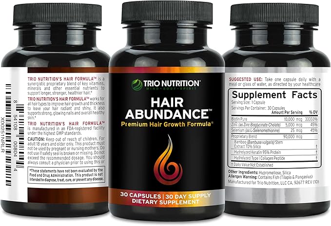 TRIO NUTRITION Hair Abundance | Natural Vitamin Supplement for Hair Growth, Strong Nails and Smooth Skin| Boosted with Collagen, Keratin, Zinc & Selenium | Biotin 10000mcg | 30 Day Supply