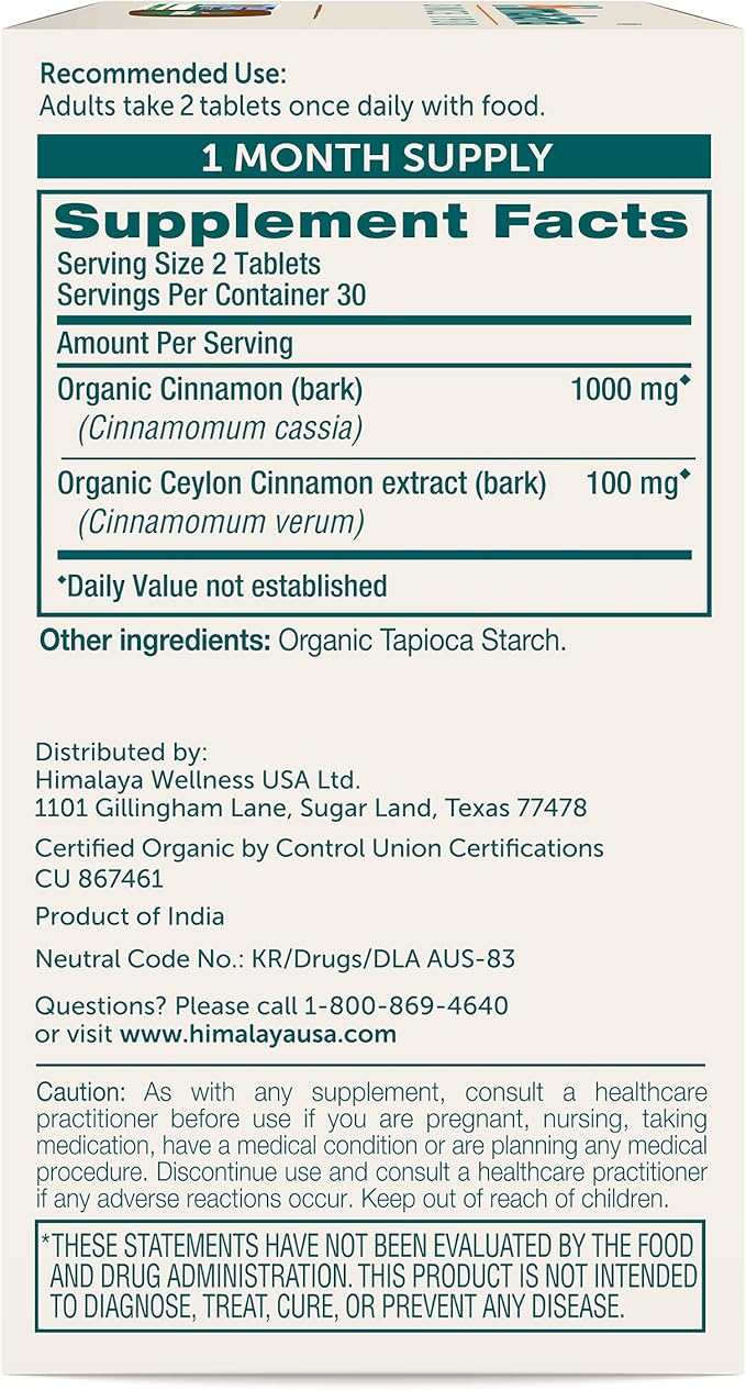 Himalaya Organic Cinnamon, for Glycemic Support, 1100 mg Daily, 60 Tablets, from Cassia Cinnamon Bark and Ceylon Cinnamon Extract, Non-GMO Project Verified, Vegan, Gluten Free Herbal Supplement