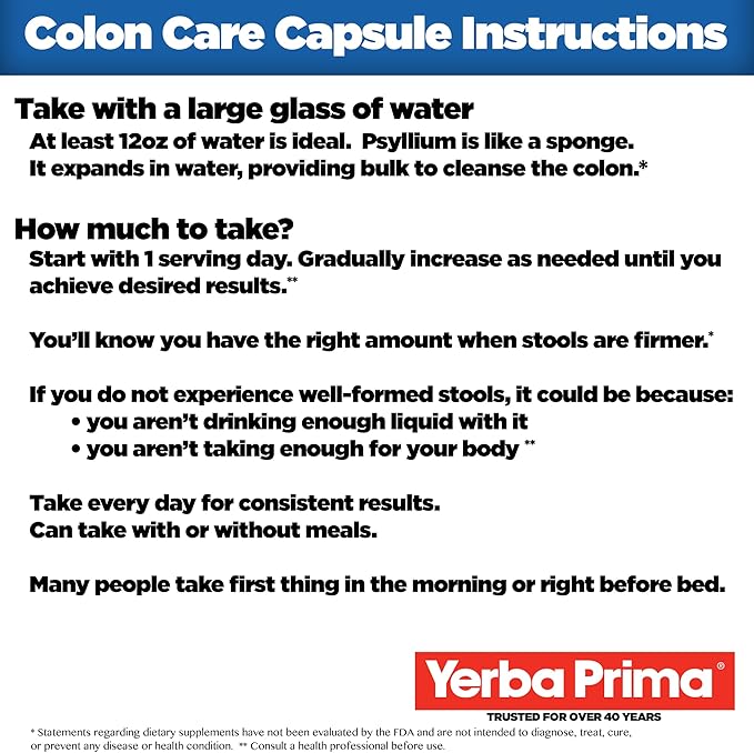 Yerba Prima Prebiotic Colon Care Capsules, 400 Caps - Five Forms of Fiber Plus FOS Pre-biotics - Dietary Health Supplement - Healthy Soluble & Insoluble Fibers for Regularity & Digestive Support