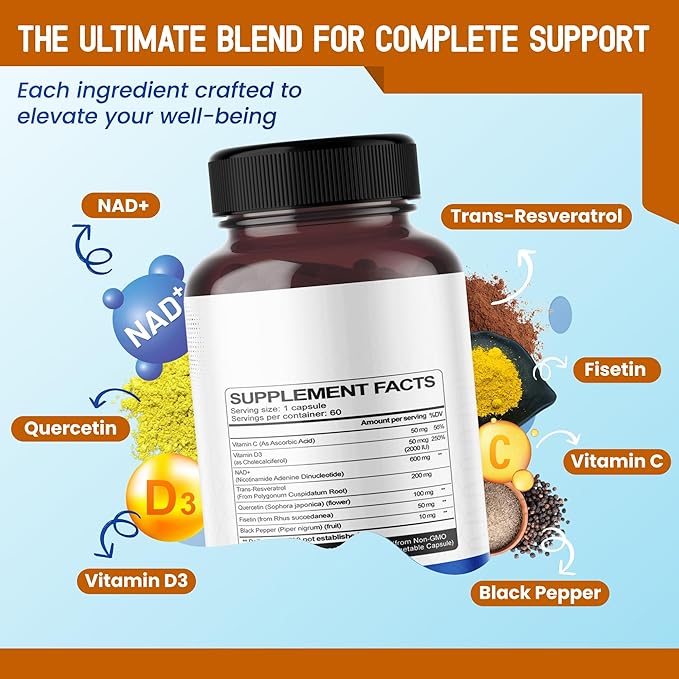 NAD+ RESVERATROL Quercetin Fisetin Black Pepper - Healthy Aging Support, Energy Levels Support - 120-day Supply - Made in The USA