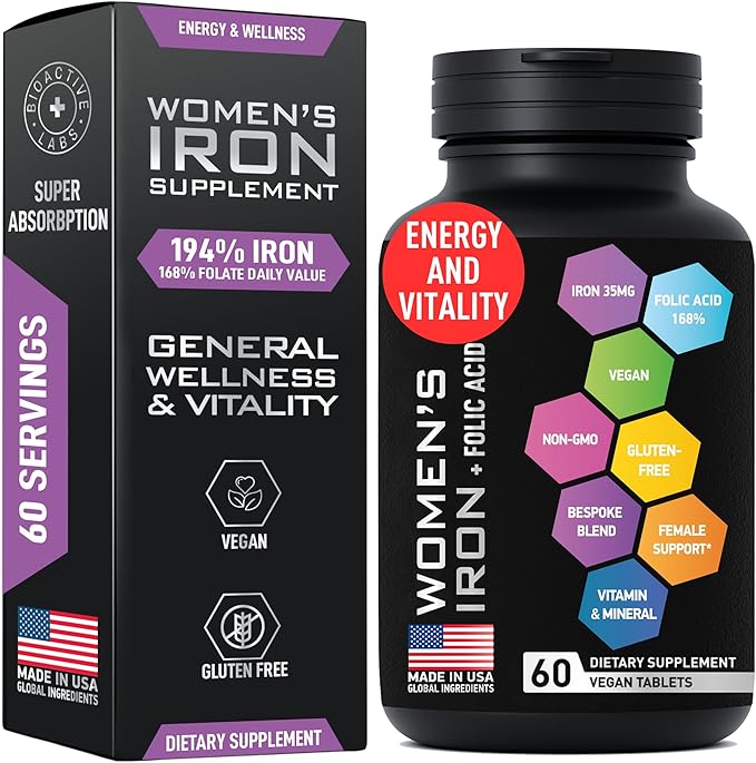 Vegan Iron Supplements for Women with Folic Acid - 168% Folate Folic Acid, 194% Ferrous Sulfate Blood Builder with Anemia and Pregnant Women - 60 Gluten-Free Gentle Iron Tablets