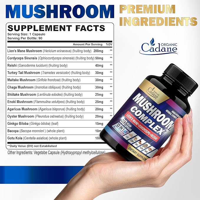 Organic Cadane Mushroom Complex Supplements - Brain Health, Immune System, Memory & Energy Production - 13in1 with Lions Mane Mushroom, Bacopa, Reishi & More - 90 Vegan Capsules