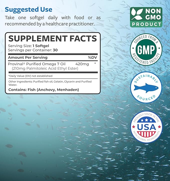 Purified Omega 7 Softgels (1 Month Supply) More Omega 7 & Less Palmitic Acid Than Sea Buckthorn Oil - Provinal Sustainable Peruvian Anchovy Fish Oil Supplement - Non-GMO & Gluten Free - 30 Capsules