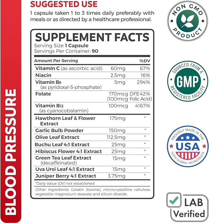 Blood Pressure Support Supplement (NON-GMO) Premium Natural Herbs, Vitamins & Berries - High Dosage of Hawthorn Berry Extract – Supports Blood Pressure Levels Already In The Normal Range – 90 Capsules